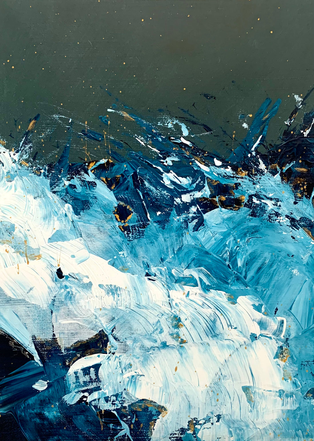 abstract ocean in blue, white, cold, navy acrylics with expressive brush strokes, texture, vivid color palette